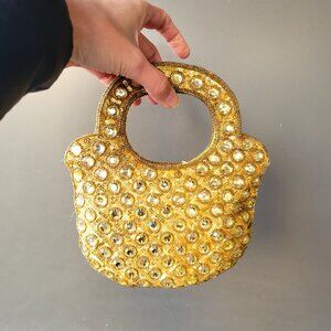 Handmade Fabric Base Fully Beaded Evening Bag With Top Handle Ethnic Gold